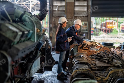 Preview: Maintenance manager and engineer checking part large engine supercharger prepare for overhaul repair