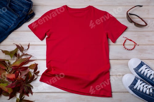 Preview: Red T-shirt Fashion Apparel with Jeans and Sneakers