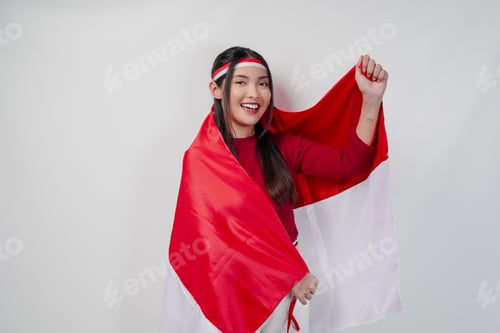 Preview: Smiling Woman Holding a Red and White Flag