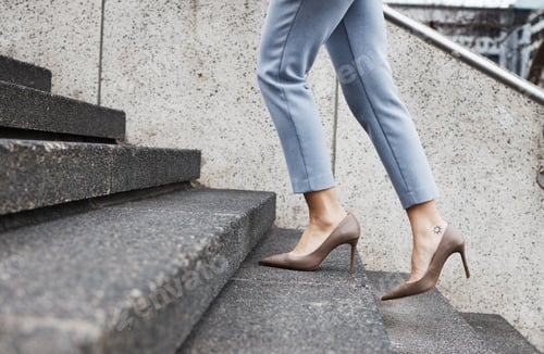 Preview: Walking, stairs and shoes of business woman for morning commute, journey and travel in city. Profes
