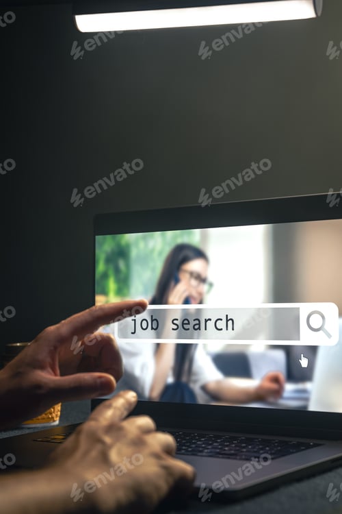 Preview: Man working on laptop and Information for the searching job, employment concept.
