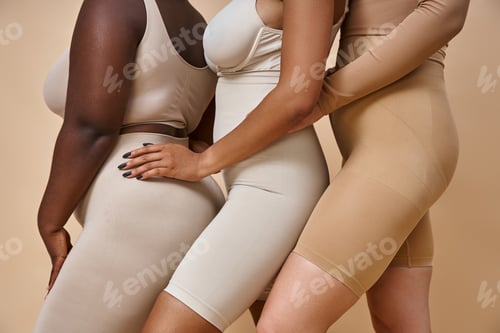 Preview: cropped view diverse multicultural female models in underwear on beige backdrop, plus size beauty
