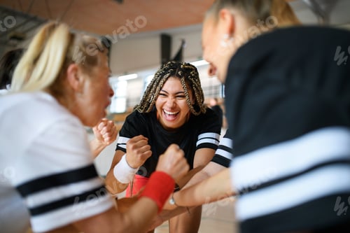 Preview: Group of young and old women in gym stacking hands together, sport team players.