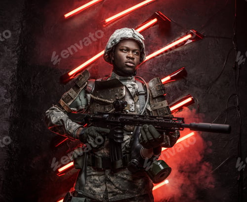 Preview: Black military man with rifle against red background with neon