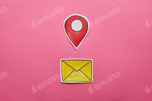 Preview: yellow mail sign with red geolocation on pink background