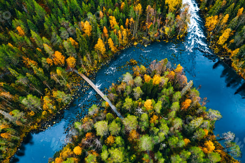 Preview: Aerial view of fast river flow through the rocks and colorful forest. Autumn in Finland