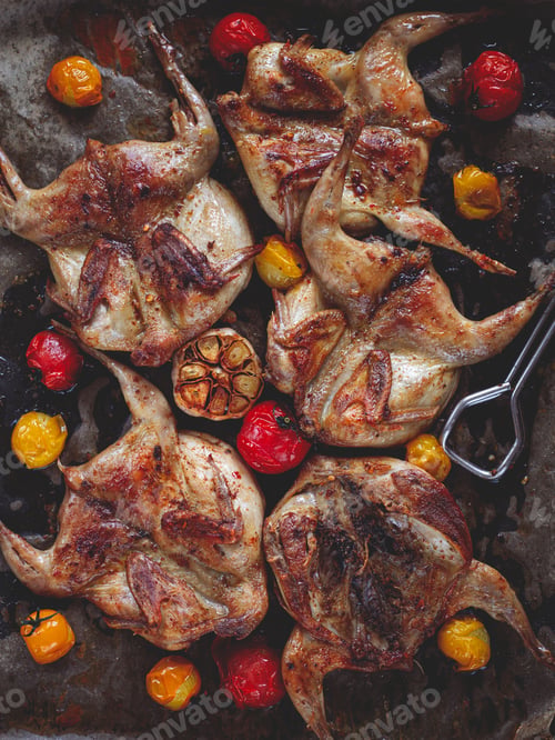 Preview: grilled quail meat, on a platter, tobacco, in the oven, with spices, homemade, without people,