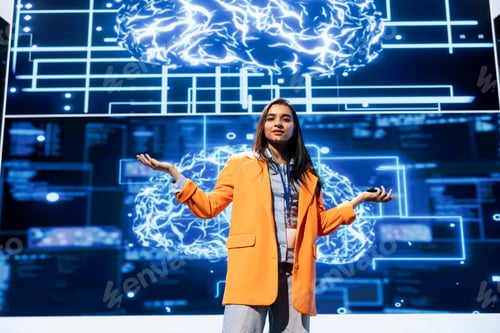 Preview: Portrait of CEO promoting artificial intelligence services at at expo