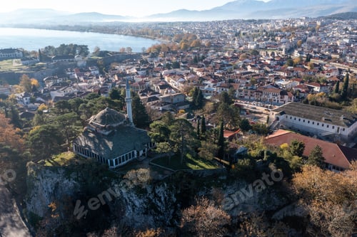 Preview: Greece, Ioannina Pamvotida Lake, Epirus. Aerial drone view of Giannena city.
