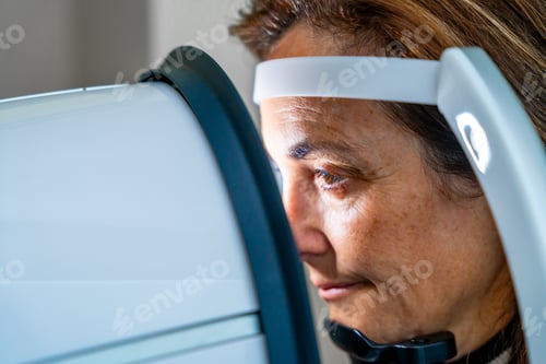 Preview: Mature woman receiving an innovative a laser treatment for glaucoma