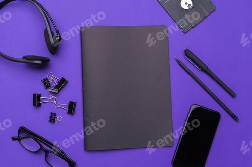 Preview: Set of office stationery and supplies, top view