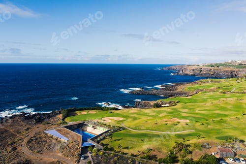 Preview: Golf course near the Atlantic ocean in Tenerife, Spain, green Golf course, tennis court in the