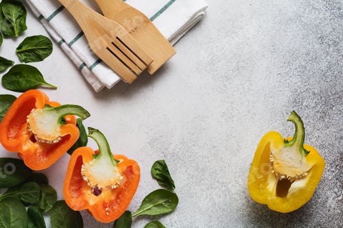 Preview: Cooking background. Fresh ingredients for eating vegetables, spices, herbs and olive oil gray concre