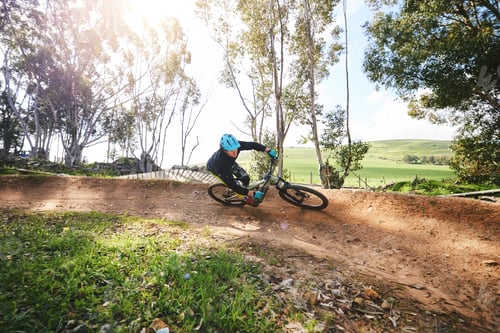 Preview: Mountain bike, man and cycling in forest for competition, freedom and off road adventure on path. A