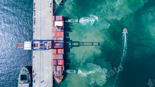 Preview: Tug boat pulling Cargo container ship go to international yard port.