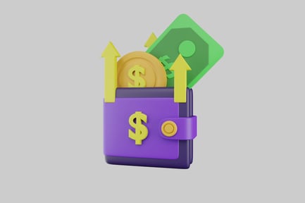Preview: Purple wallet with dollar sign, green bill, and gold coin