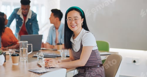 Preview: Face, business and Asian woman in meeting, thinking and happy with notes for startup company. Japan