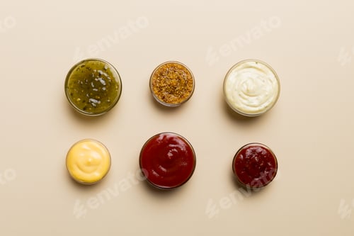 Preview: Different types of sauces in bowls on a colored Board . Top view. various sauces copy space