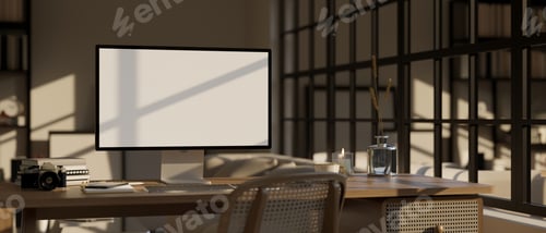 Preview: Interior design of modern contemporary office room with PC desktop computer mockup
