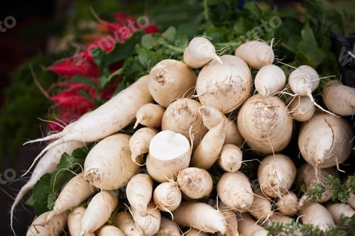 Preview: White radishes pile in a market