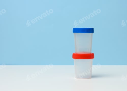 Preview: Empty plastic container for the collection of analyzes on a white table, blue background