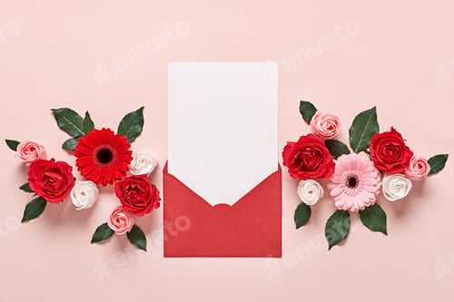 Preview: Red envelope with Romantic love letter mockup and flowers on pink background