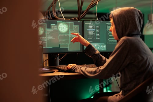 Vista previa: Woman spy hacking computer network late at night
