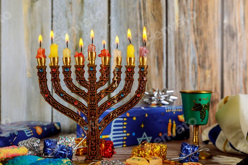 Preview: Hanukkah with menorah jewish holiday traditional Candelabra and wooden dreidels spinning top