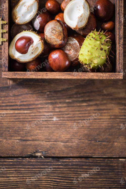 Preview: Autumnal chestnuts in wooden box