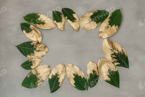 Preview: Creative nature background. Gold and green painted leaves on gray concrete background. Minimal