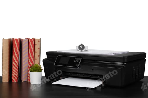 Preview: Working table with printer and stacked books on white abckground