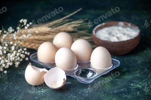 Preview: front view fresh chicken eggs on dark background bread food meal breakfast morning milk darkness