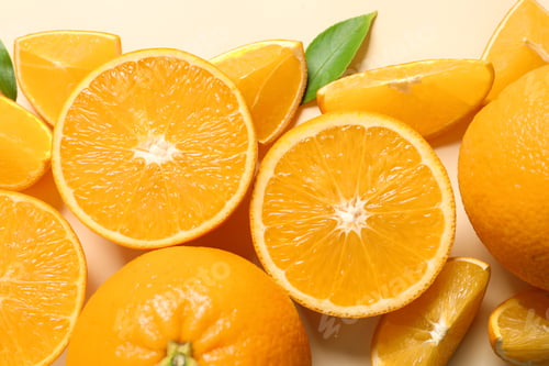 Preview: Flat lay composition with ripe oranges on color background