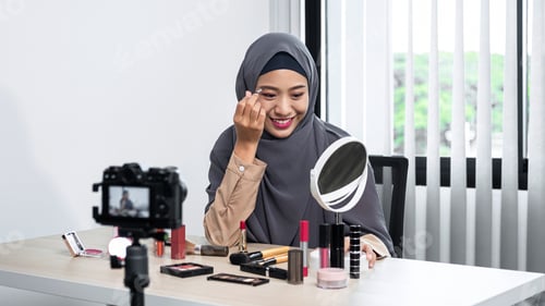 Preview: Asian muslim woman beauty blogger tutorial eyebrow techniques and making videos to review cosmetic