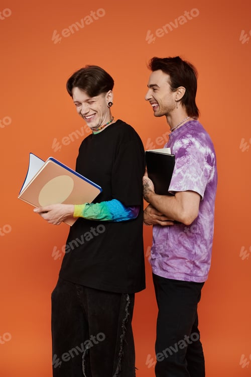 Preview: Queer friends in vibrant attire against an orange background