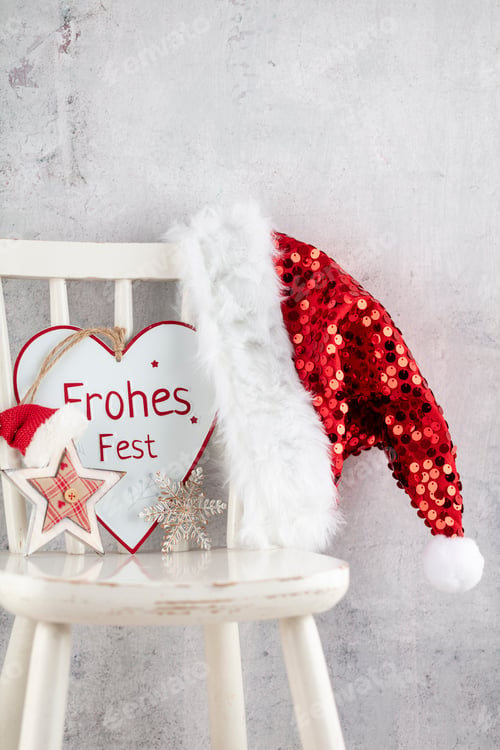 Preview: Christmas Decoration, Santa Claus Hat And Wooden Chair.