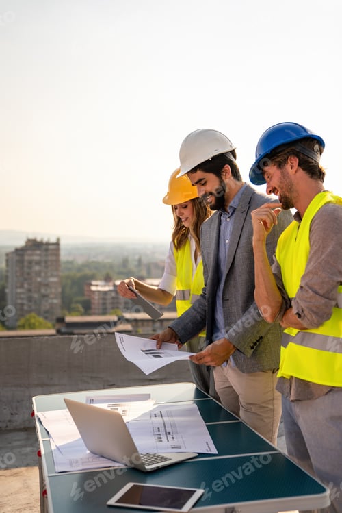 Preview: Construction concept. Engineers and architects working at construction site with blueprint
