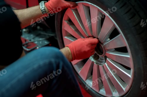 Preview: Mechanician changing car wheel in auto repair shop