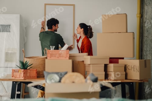 Preview: Couple hanging picture frame in new home while unpacking boxes