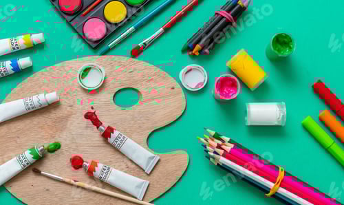 Preview: School supplies on green background. Education, Back to School, kids creativity concept