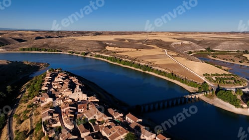 Preview: Aerial view of Maderuelo medieval town and Linares reservoir in the province of Segovia