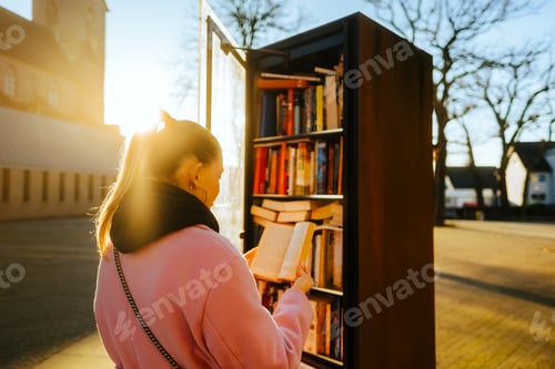 Preview: Young caucasian woman choosing books at free open public library at city park for book sharing
