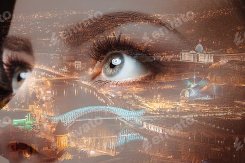 Preview: Photo Of Woman Eye And City Night Lights. Double Exposure