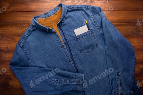 Preview: Blue jeans denim and wooden background texture. Jeans material with plank wood