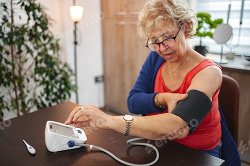 Preview: Elderly woman measures blood pressure while seated in a bright r