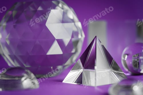 Preview: Crystal prism refracting light, magic crystals and pyramid, sphere and cube on purple background