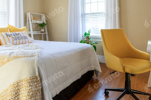 Preview: Small stylish bedroom decorated in yellow and white