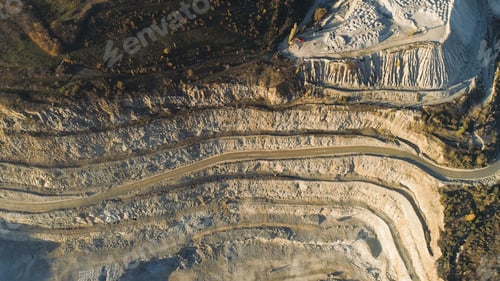 Preview: Panoramic view of quarry. Shot. Top view of picturesque quarry located on coastal mountain near