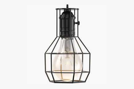 Preview: Industrial Hanging Lamp, Clear Bulb in Geometric Black Metal Cage