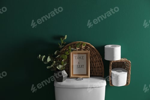 Preview: Decor elements, paper rolls and toilet bowl near green wall. Bathroom interior